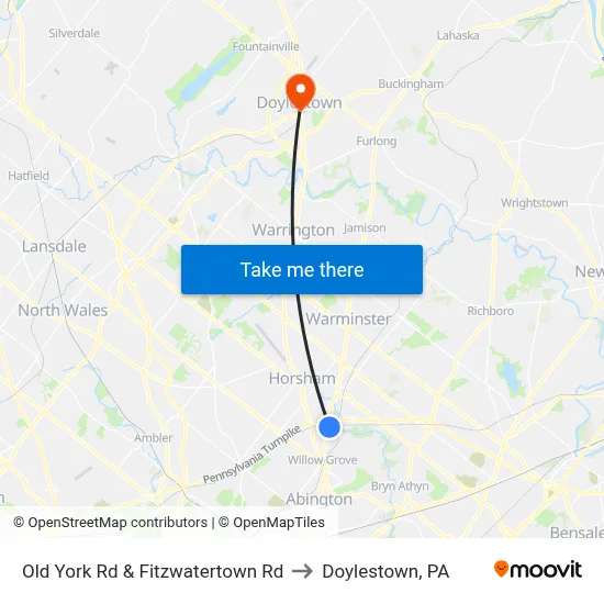 Old York Rd & Fitzwatertown Rd to Doylestown, PA map