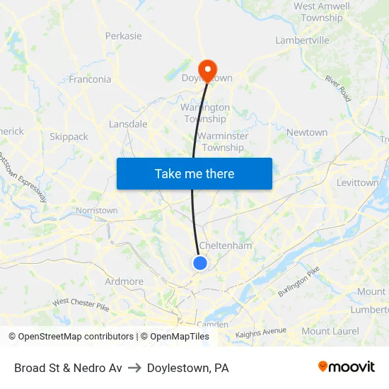 Broad St & Nedro Av to Doylestown, PA map