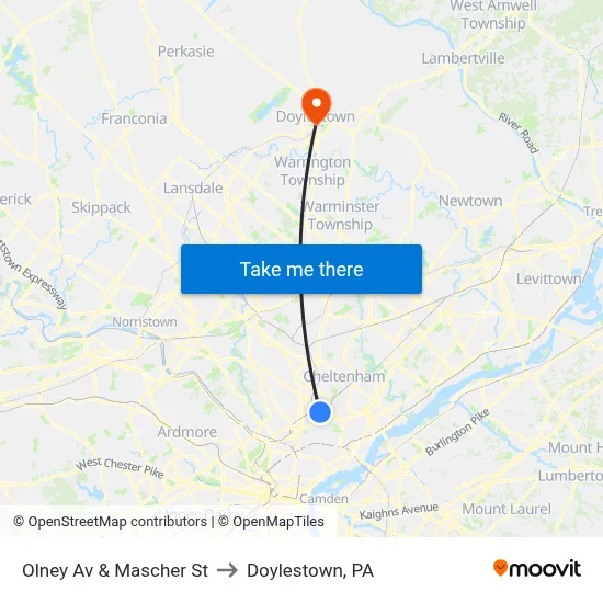 Olney Av & Mascher St to Doylestown, PA map