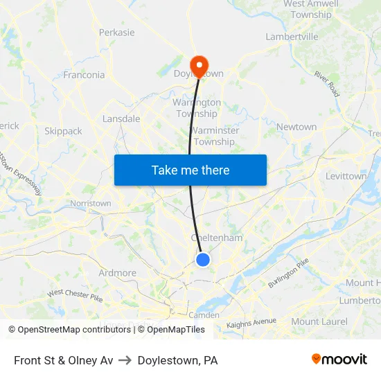 Front St & Olney Av to Doylestown, PA map