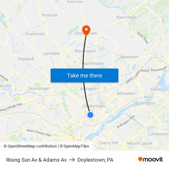 Rising Sun Av & Adams Av to Doylestown, PA map