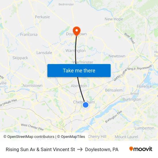 Rising Sun Av & Saint Vincent St to Doylestown, PA map