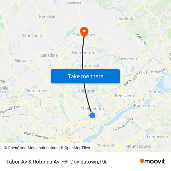 Tabor Av & Robbins Av to Doylestown, PA map