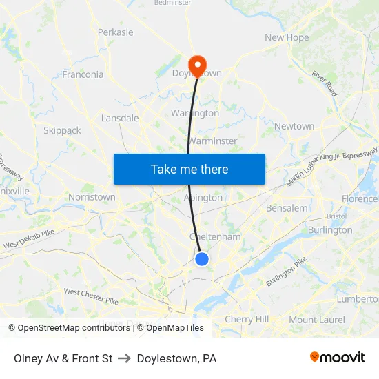 Olney Av & Front St to Doylestown, PA map