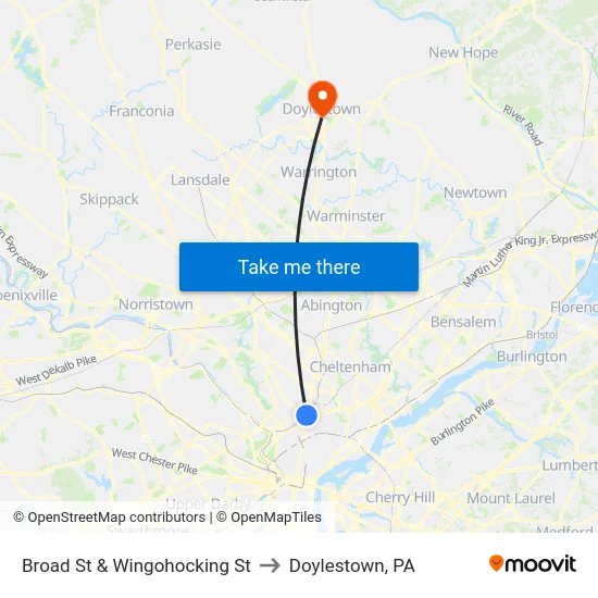 Broad St & Wingohocking St to Doylestown, PA map