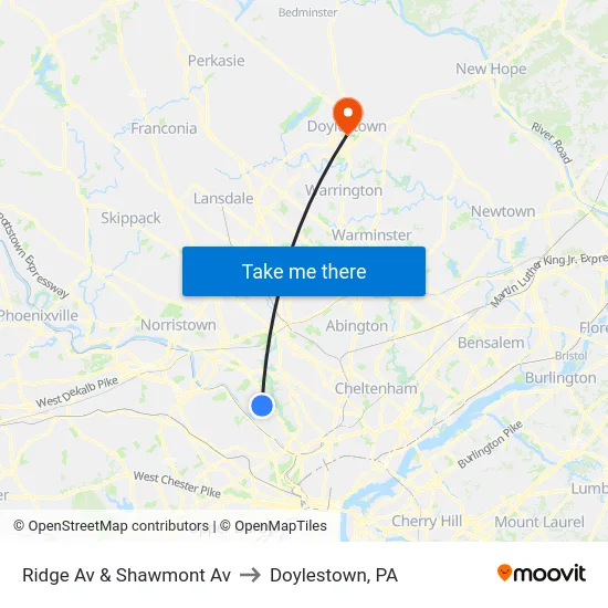Ridge Av & Shawmont Av to Doylestown, PA map