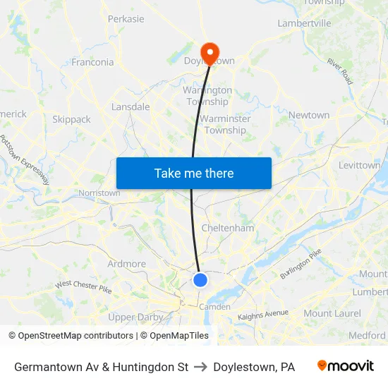 Germantown Av & Huntingdon St to Doylestown, PA map