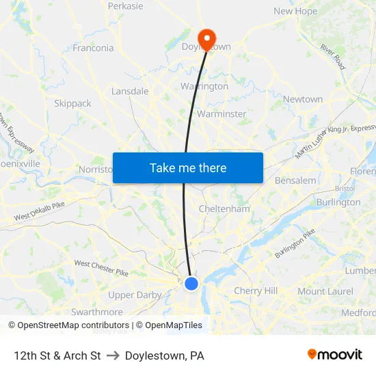 12th St & Arch St to Doylestown, PA map