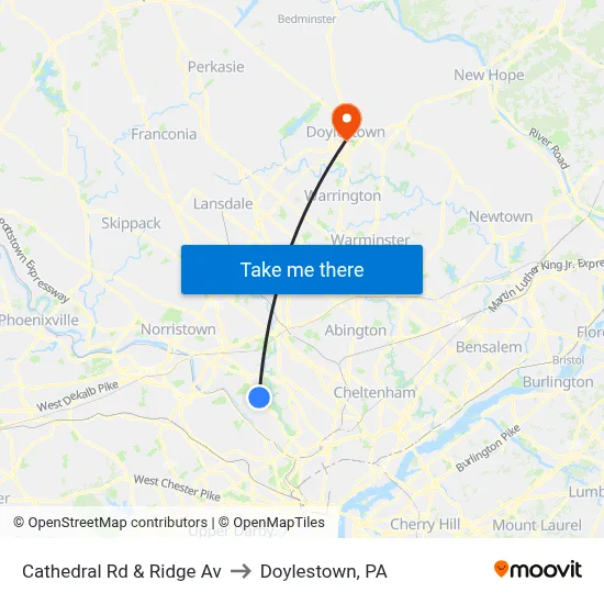 Cathedral Rd & Ridge Av to Doylestown, PA map