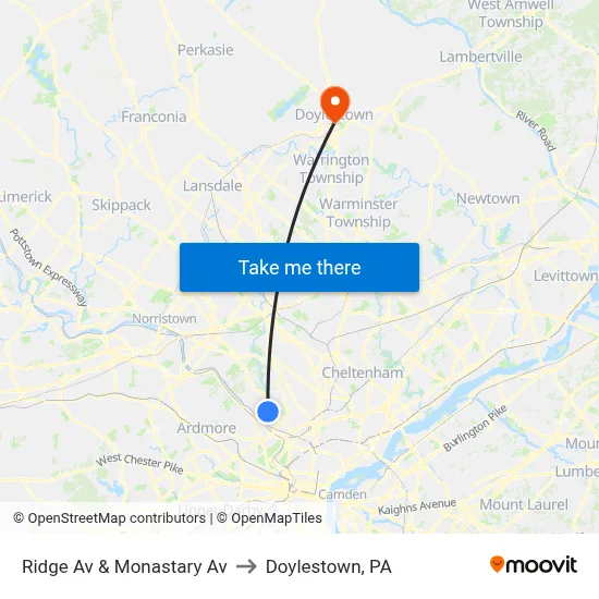 Ridge Av & Monastary Av to Doylestown, PA map