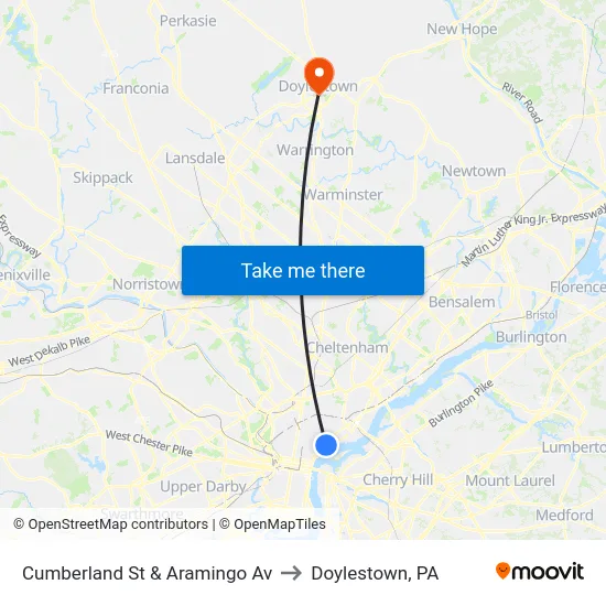 Cumberland St & Aramingo Av to Doylestown, PA map