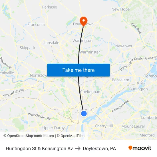 Huntingdon St & Kensington Av to Doylestown, PA map