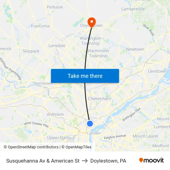 Susquehanna Av & American St to Doylestown, PA map