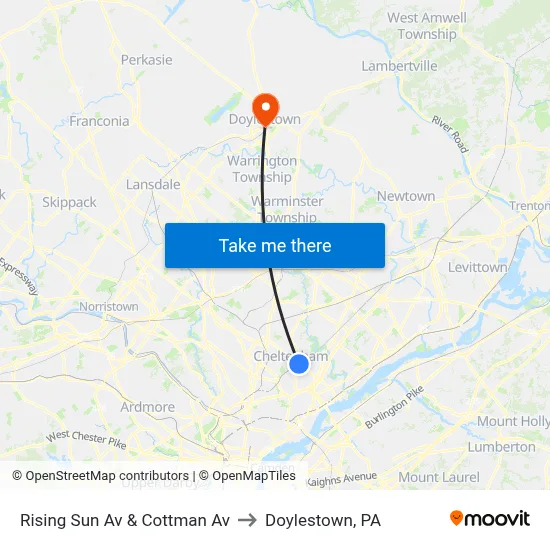 Rising Sun Av & Cottman Av to Doylestown, PA map