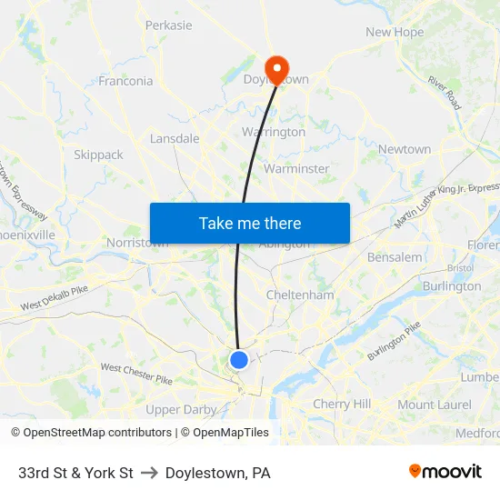 33rd St & York St to Doylestown, PA map