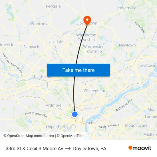 33rd St & Cecil B Moore Av to Doylestown, PA map
