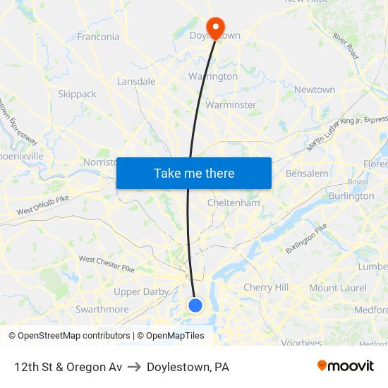 12th St & Oregon Av to Doylestown, PA map