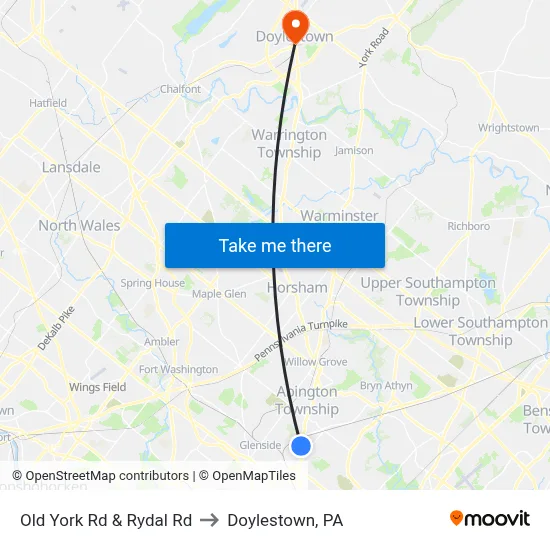 Old York Rd & Rydal Rd to Doylestown, PA map