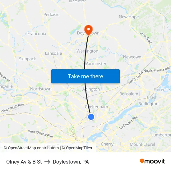 Olney Av & B St to Doylestown, PA map