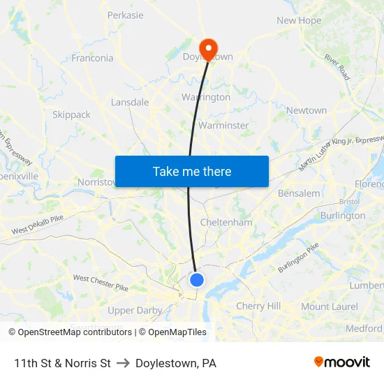 11th St & Norris St to Doylestown, PA map