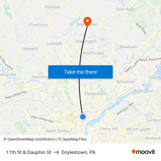 11th St & Dauphin St to Doylestown, PA map