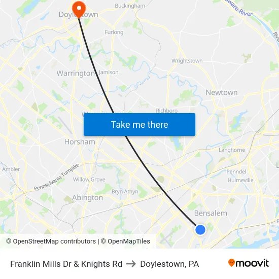 Franklin Mills Dr & Knights Rd to Doylestown, PA map