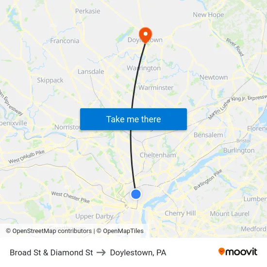 Broad St & Diamond St to Doylestown, PA map