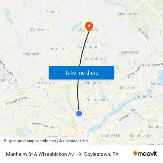 Manheim St & Wissahickon Av to Doylestown, PA map