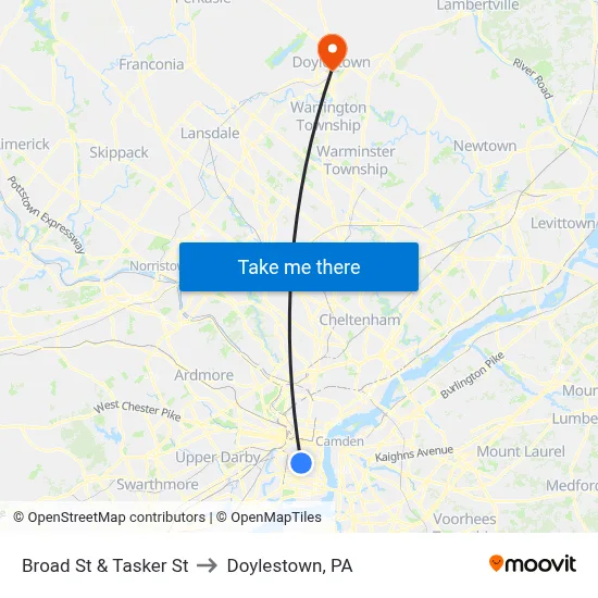 Broad St & Tasker St to Doylestown, PA map