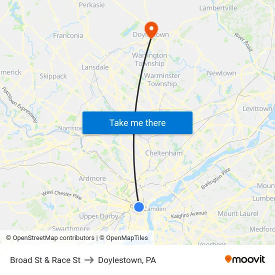 Broad St & Race St to Doylestown, PA map