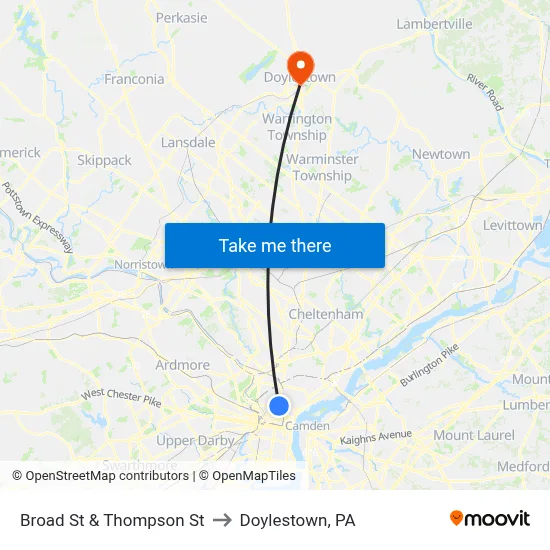 Broad St & Thompson St to Doylestown, PA map