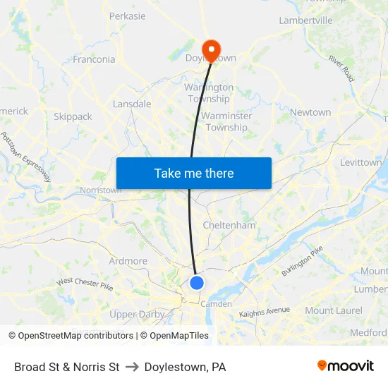 Broad St & Norris St to Doylestown, PA map