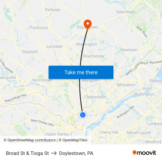 Broad St & Tioga St to Doylestown, PA map