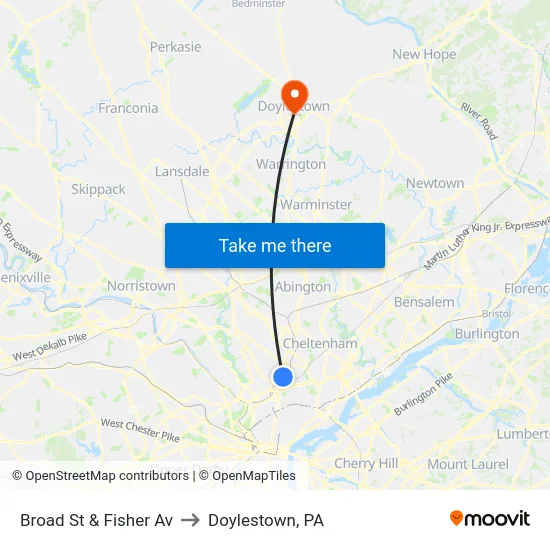 Broad St & Fisher Av to Doylestown, PA map