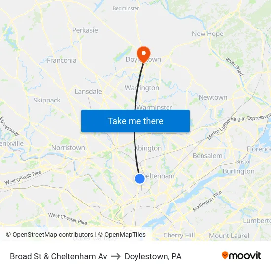 Broad St & Cheltenham Av to Doylestown, PA map