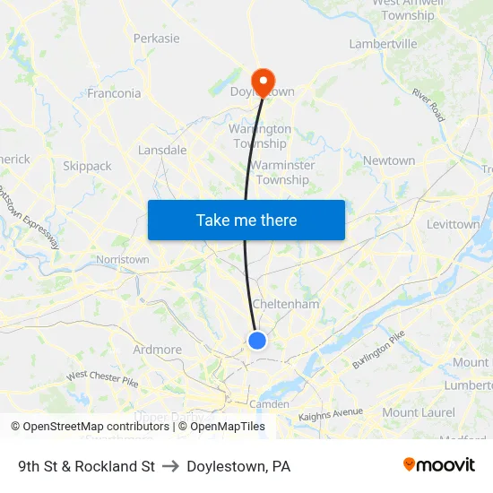 9th St & Rockland St to Doylestown, PA map