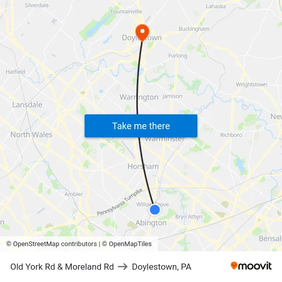 Old York Rd & Moreland Rd to Doylestown, PA map