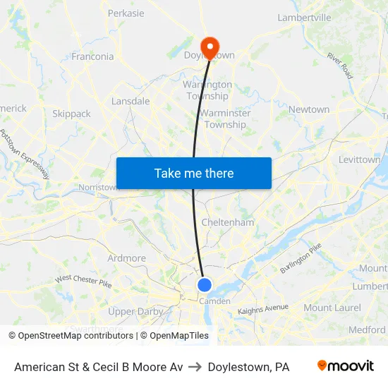American St & Cecil B Moore Av to Doylestown, PA map