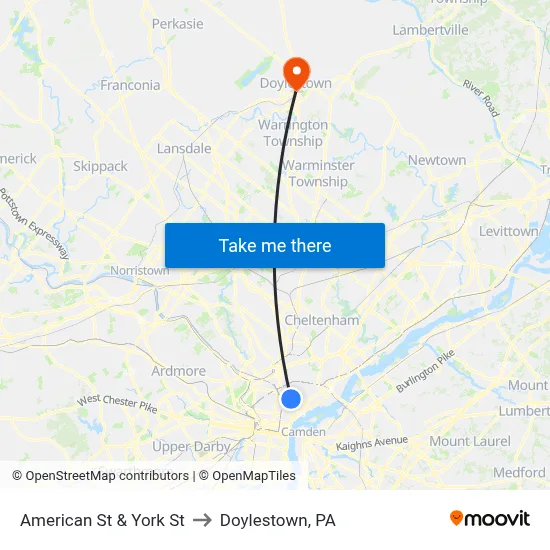 American St & York St to Doylestown, PA map
