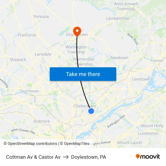 Cottman Av & Castor Av to Doylestown, PA map