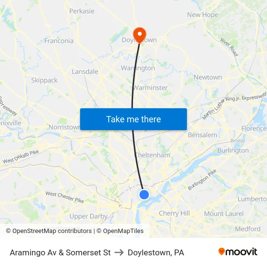 Aramingo Av & Somerset St to Doylestown, PA map