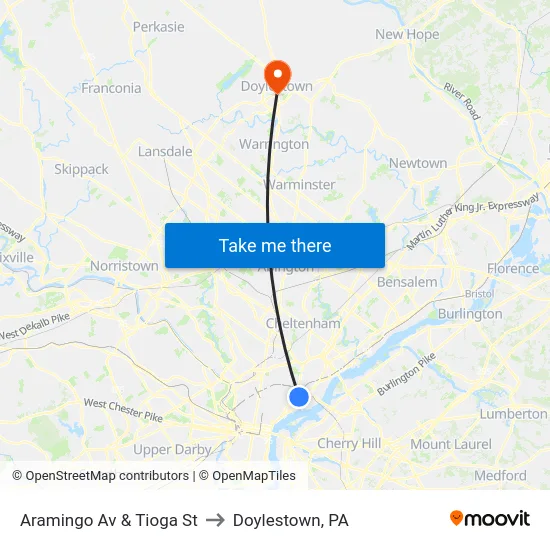 Aramingo Av & Tioga St to Doylestown, PA map