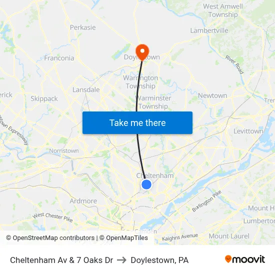 Cheltenham Av & 7 Oaks Dr to Doylestown, PA map