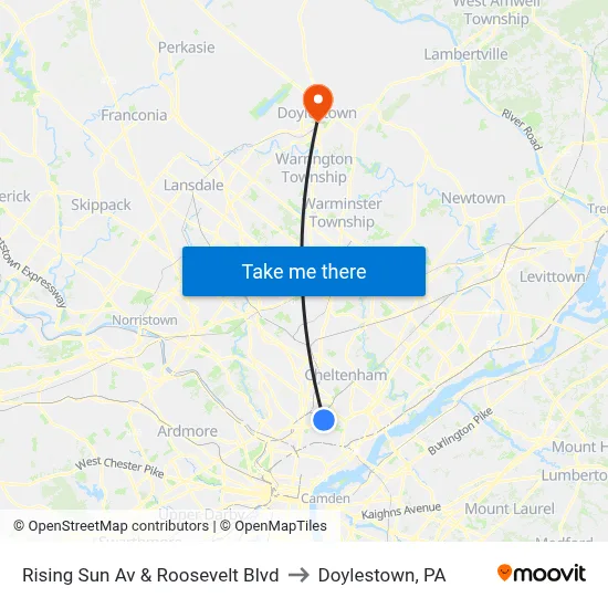 Rising Sun Av & Roosevelt Blvd to Doylestown, PA map