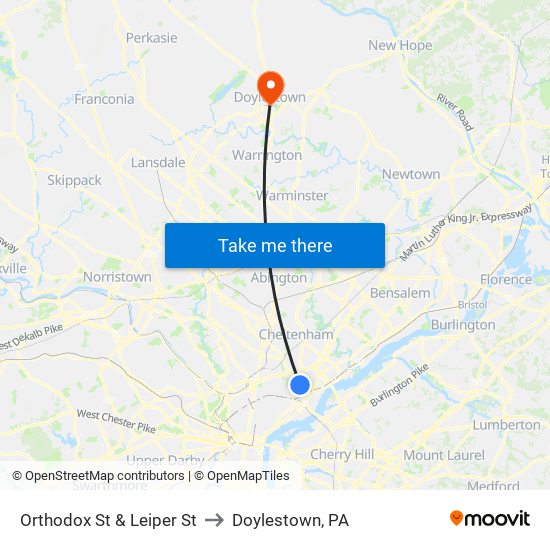 Orthodox St & Leiper St to Doylestown, PA map