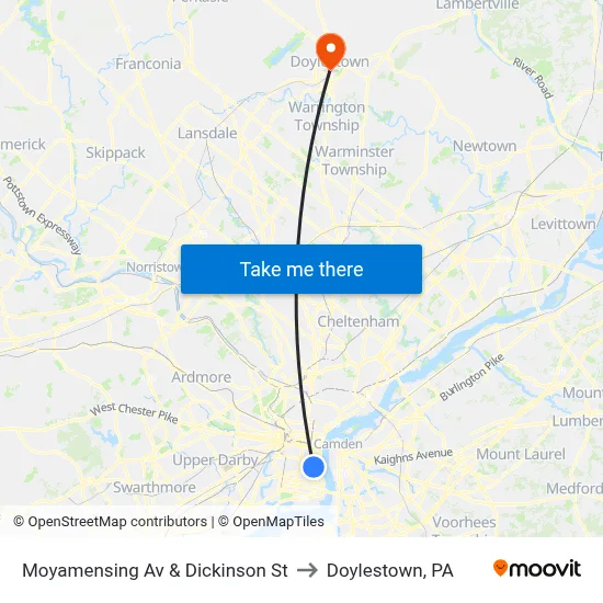 Moyamensing Av & Dickinson St to Doylestown, PA map