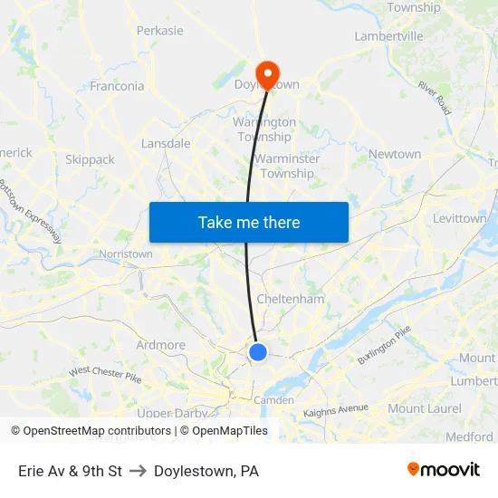 Erie Av & 9th St to Doylestown, PA map