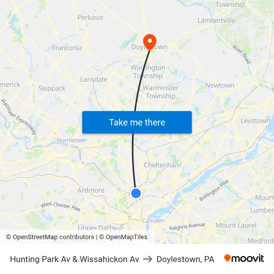Hunting Park Av & Wissahickon Av to Doylestown, PA map