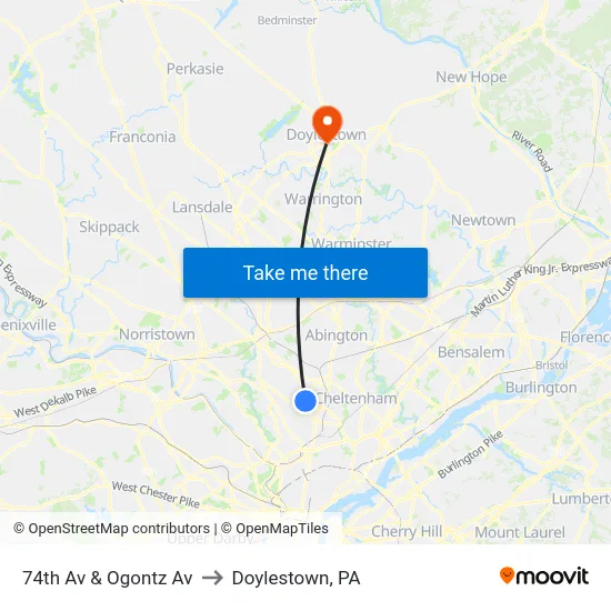 74th Av & Ogontz Av to Doylestown, PA map