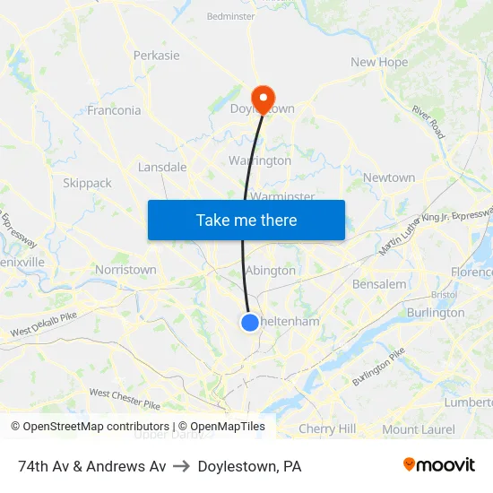 74th Av & Andrews Av to Doylestown, PA map